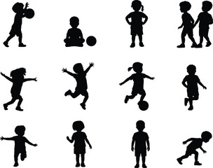 Child silhouettes in diverse poses including play, sitting, running, and jumping—ideal for educational materials, family themes, and kid-focused designs