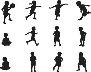 Children silhouettes in varied poses—playing, running, sitting, and walking—perfect for educational content, family life themes, and kid-focused artwork
