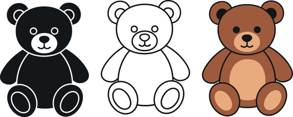 Three adorable teddy bear illustrations in different styles including a solid black silhouette a simple outline and a classic brown plush toy