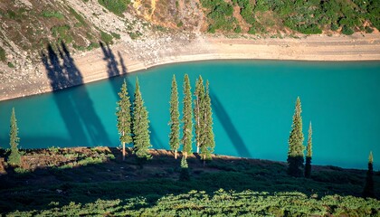 Mountain lake with pine trees and shadows