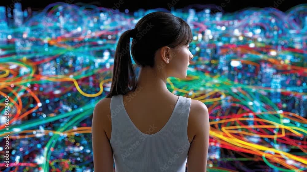 Poster vision of the future: a thoughtful person gazes towards a complex network of light and data, symboli