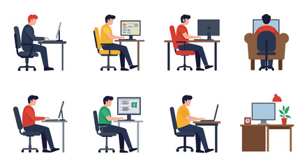 Set of People Working on Computers in Different Positions and Outfits
