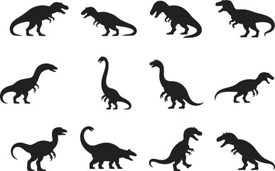 Dinosaur silhouettes in a 3x4 grid featuring diverse prehistoric species for science illustration, museum education, and fossil-themed creative design