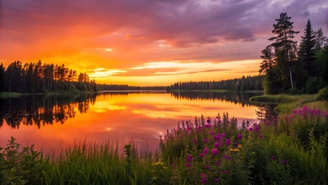 Golden hour light paints the sky and water in fiery hues above a serene Nordic or boreal forest lake, creating a peaceful and picturesque scene with lush green and colorful floral foreground.

 - Powered by Adobe