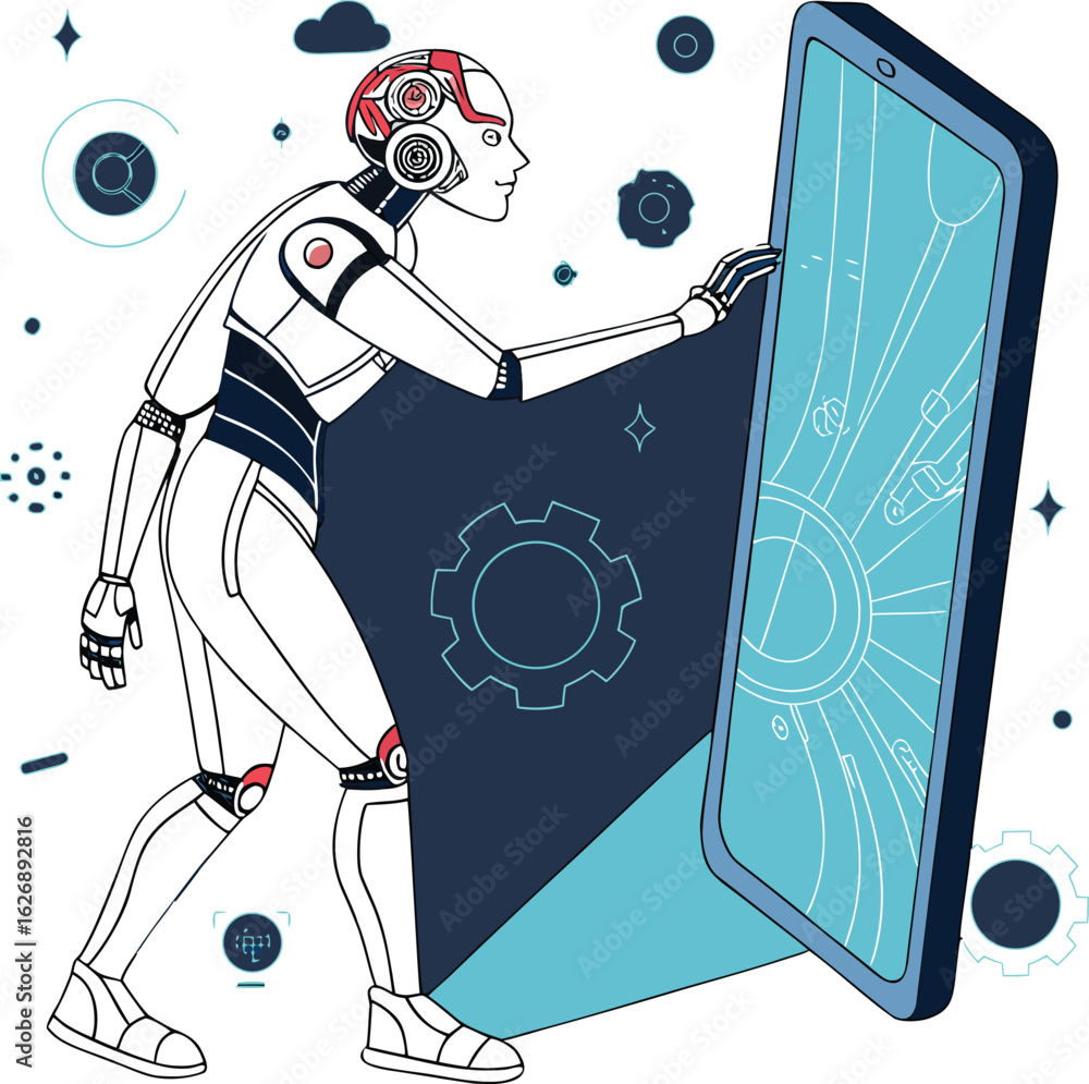 Poster vector art of isometric illustration of a robot interacting with a digital screen isolated on white 