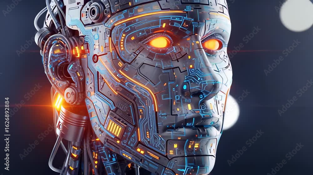 Poster futuristic robotic head showcasing intricate technology and advanced circuitry design in a closeup v