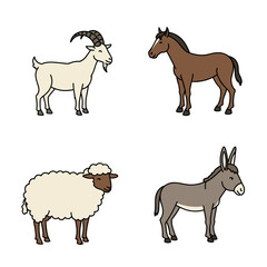 Farm animals including goat, horse, sheep, and donkey in illustration  