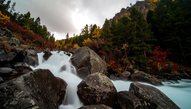 Autumnal mountain stream cascading over rocks (1)