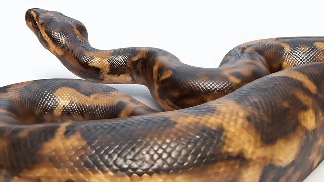 A large, beautifully patterned python snake slowly moves its coiled body on a clean, isolated white background.