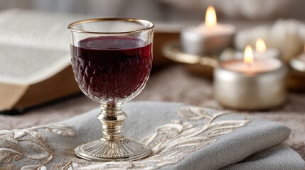 holiday rituals, traditional and reverent rosh hashanah ambiance with a red wine filled kiddush cup, candles softly glowing, an open prayer book, and embroidered cloth