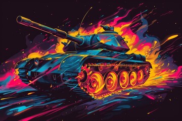 The tank is in battle, firing at the enemy. Object with colorful splashes on black background. Neural network ai generated