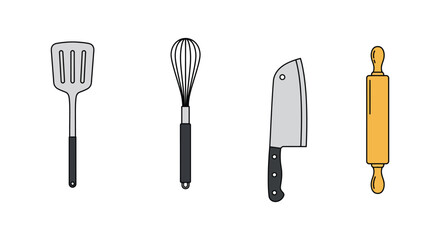 Kitchen Utensil Icons Spatula Whisk Chef Knife Rolling Pin