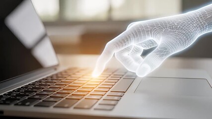 Holographic Hand Interacts With Laptop Showcasing Advanced Technology in Digital Interface - Powered by Adobe