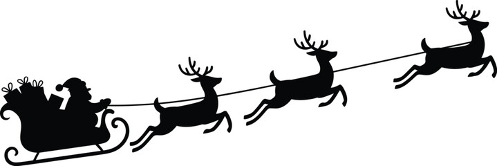Silhouette of Santa Claus in sleigh with gifts pulled by flying reindeer, perfect for Christmas design, vector art, and celebration
