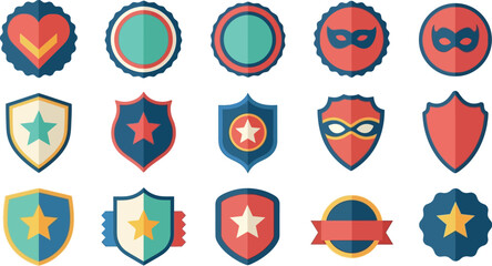 Collection of flat design superhero badges and shields featuring stars masks and emblems for awards and recognition