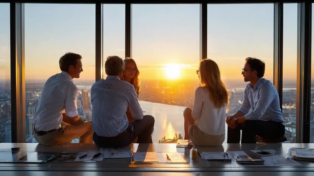 Skyline Sunset Harmony: A group of professionals gathers by panoramic windows, enveloped in the warm hues of a setting sun, fostering a moment of connection and contemplation. 