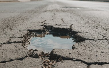 A close-up of a pothole in the middle of the road