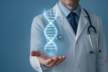Medical DNA Helix: A doctor's arm and hand gently cradles a holographic DNA helix, symbolizing the advanced future of genetic analysis, personalized medicine.