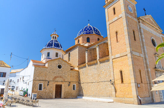 Iglesia Nuestra Senora del Consuelo Virgin of the Consol catholic church in Altea old town in sunny summer day, Altea city historic centre Casco Antiguo, Alicante province, Valencian Community, Spain