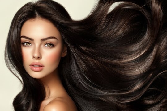 Elegant portrait with flowing brown hair in soft light. Neural network AI generated - Powered by Adobe