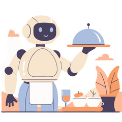 Flat Illustration of a Robot Waiter Serving Food in a Restaurant