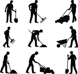 Obraz premium Silhouettes of people performing gardening and landscaping tasks with tools like shovels, rakes, wheelbarrows, ideal for vector illustrations