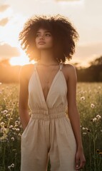 Obraz premium Woman in Linen Jumpsuit at Sunset in Wildflower Field