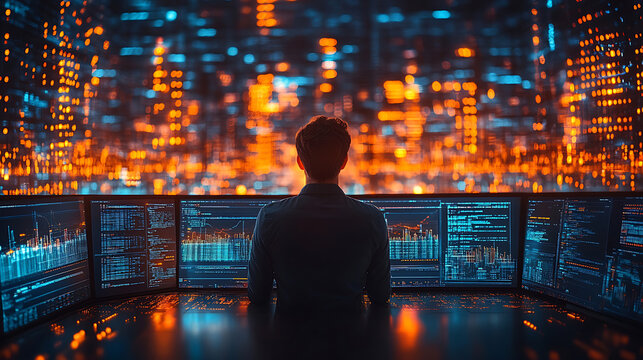 Cybersecurity Specialist Monitoring Global Network Data Streams on Multiple Monitors