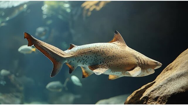 A majestic leopard shark glides gracefully through the deep blue water of a large aquarium