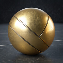 Create a high-resolution 3D render of a golden metallic sphere with a smooth, polished surface. The sphere has a diagonal cut or groove slicing through it, creating a modern, abstract aesthetic. 