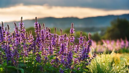 blooming clary sage with aromatic purple flowers in an outdoor medicinal plant setting