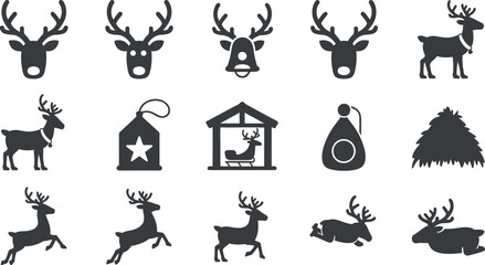 Christmas Reindeer Icon Set:  Simple, Festive, Silhouette Style Graphics