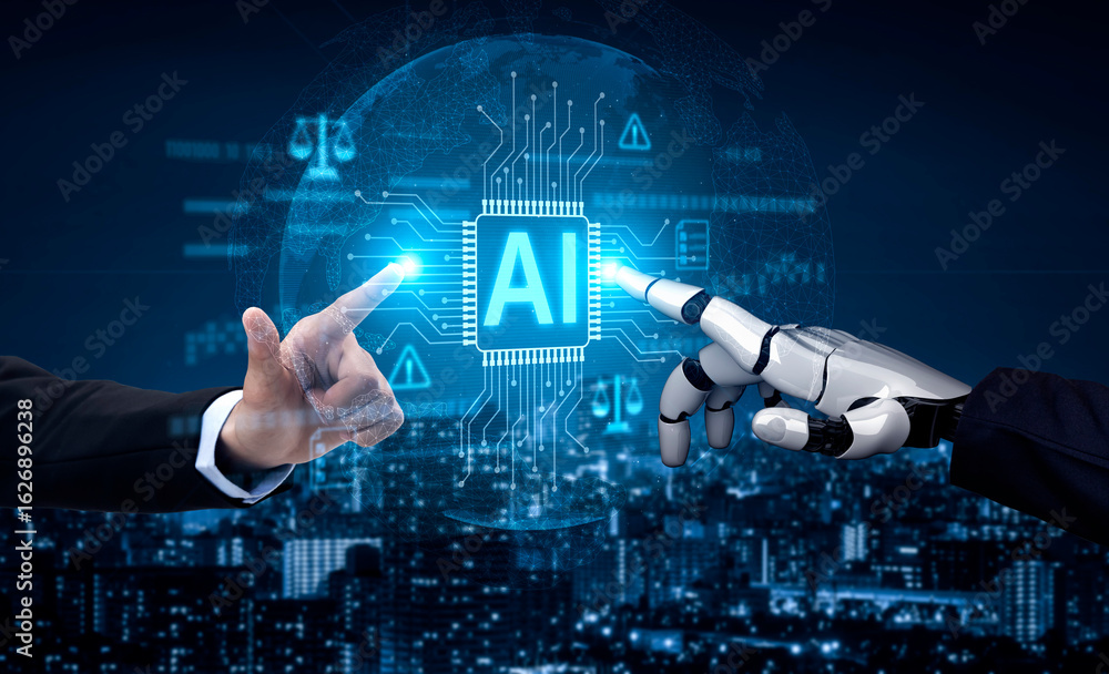 Poster ai-generated image showing artificial intelligence control system with legal balance, cybersecurity 