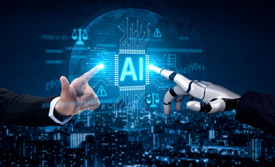 AI-generated image showing artificial intelligence control system with legal balance, cybersecurity...