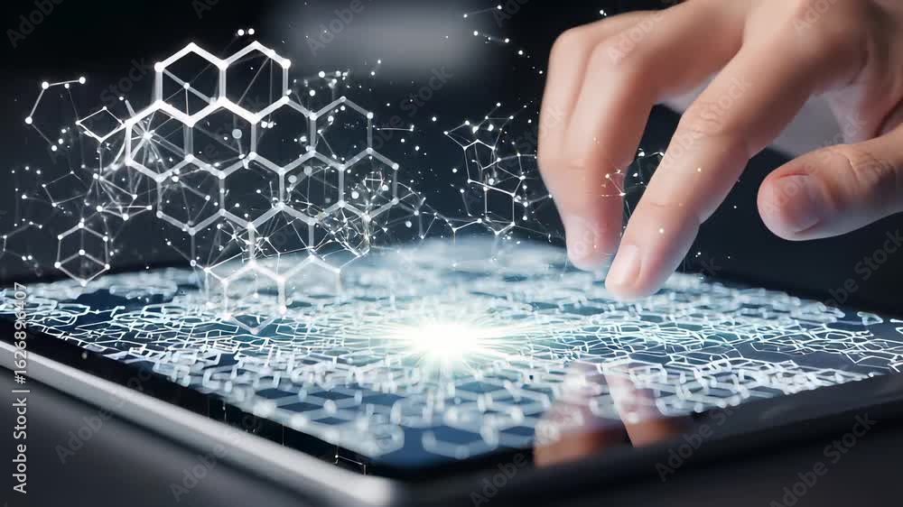 Poster closeup of a hand interacting with a tablet display showcasing advanced technology for digital inter