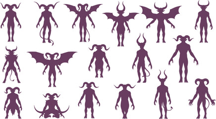 Collection of stylized demonic silhouettes with horns and wings showcasing a variety of monstrous and mythical creature designs in a dark purple hue