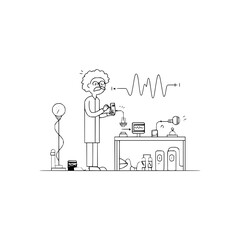 A scientist with crazy hair working in a lab with a table and various scientific equipment scattered about
