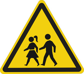 Children Crossing Road Sign &ndash; Triangular Warning Icon with Two Kids Walking, Yellow Background and Bold Outline on White