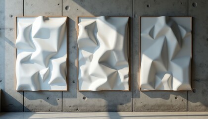 Textured abstract art pieces hanging on a concrete wall in a modern gallery setting