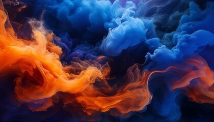 a captivating background with deep indigo and fiery orange smoke seamlessly blending with wisps of