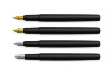 Black fountain pens lined up horizontally, displaying gold and silver nibs on clear surface