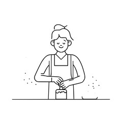 Fototapeta premium Woman in apron decorating a cake with a candle in a simple black and white line drawing style