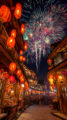 Fototapeta premium Blurred background with traditional Chinese-style houses adorned with red lanterns, vibrant fireworks illuminating the night sky. Festive atmosphere celebrating Chinese New Year or cultural holiday.