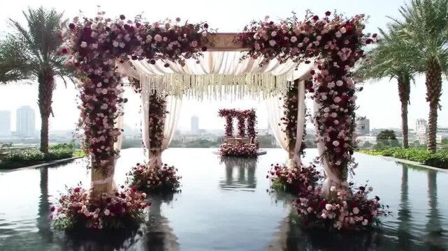 Elegant wedding mandap with burgundy floral arrangements, luxury outdoor ceremony altar on water, romantic marriage stage with roses and drapes