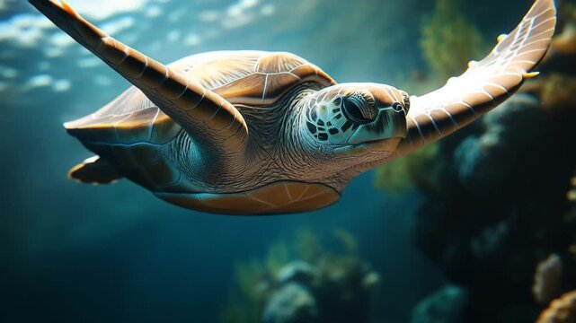 A green sea turtle swims gracefully underwater. The turtle has a brown shell with intricate patterns and is surrounded by clear blue water and coral.