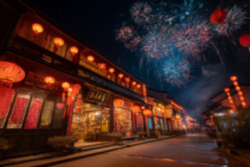Blurred background with traditional Chinese-style houses adorned with red lanterns, vibrant fireworks illuminating the night sky. Festive atmosphere celebrating Chinese New Year or cultural holiday.
