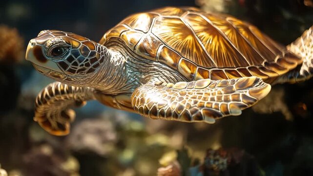 A close-up of a green sea turtle swimming gracefully in clear blue water. The turtle has a patterned shell with shades of brown and green.