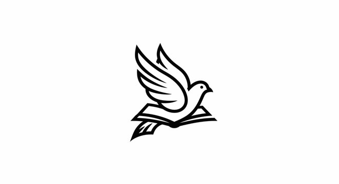 Stylized Dove Flying Above an Open Book in Black and White.