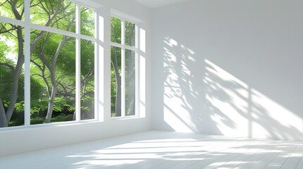 Minimalist Sunlit Room Interior with Large Windows and Tree View