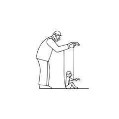 Illustration of a large man controlling a smaller man with strings in a simple line drawing style
